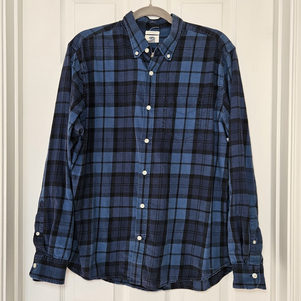 Old Navy - Dark Teal Blue Plaid Button-Up Flannel Slim Fit Shirt - Large